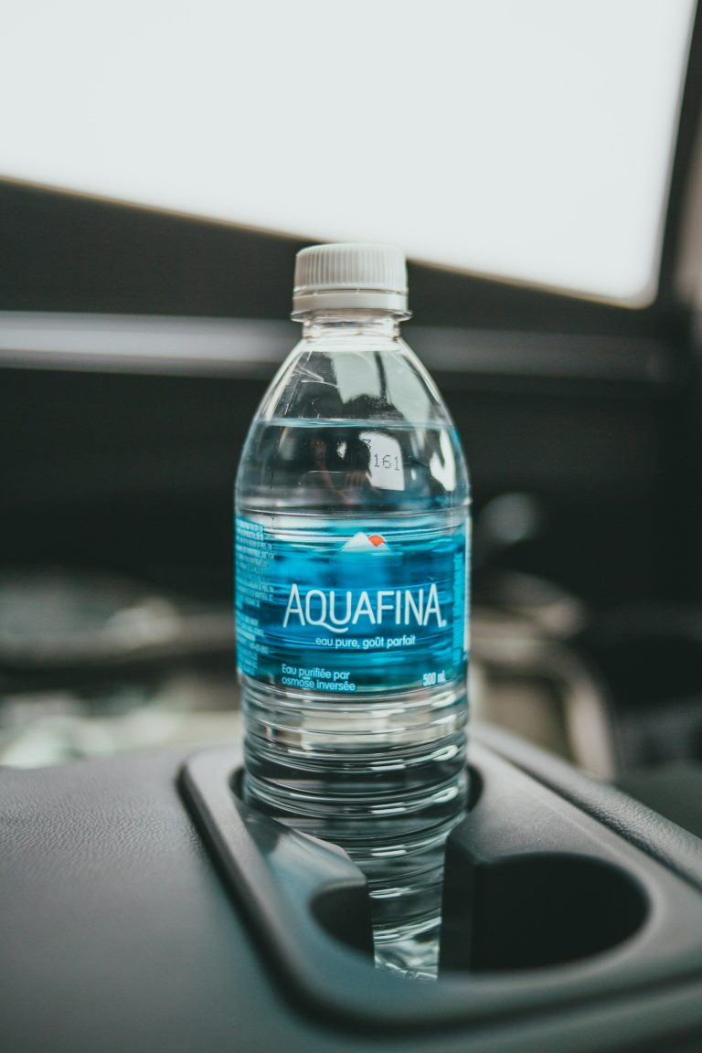 A disposable water bottle seated in a vehicle center-console cupholder beside a second empty holder