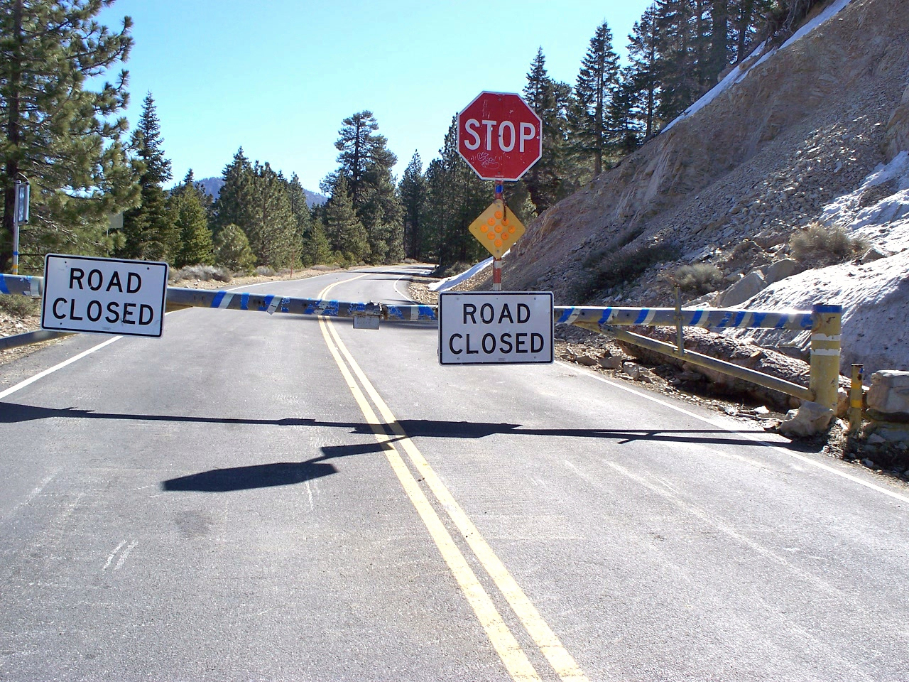 An archived road-closure scene at Islip Saddle, Angeles National Forest. This is not a current closure report.